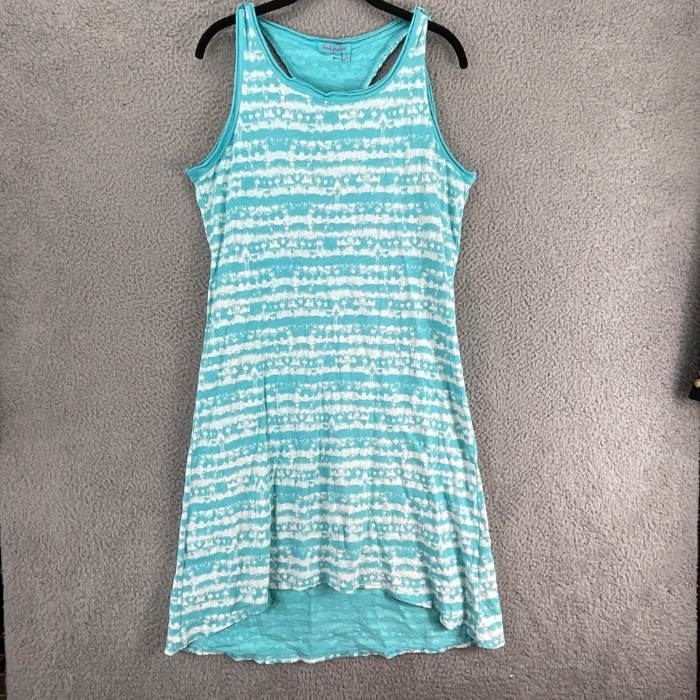 Fresh Produce Tank Dress Women M Turquoise Cotton Striped High-Low Racerback USA